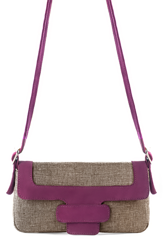 Tan beige and mulberry purple women's dress handbag, matching pumps and belts. Top view - Florence KOOIJMAN